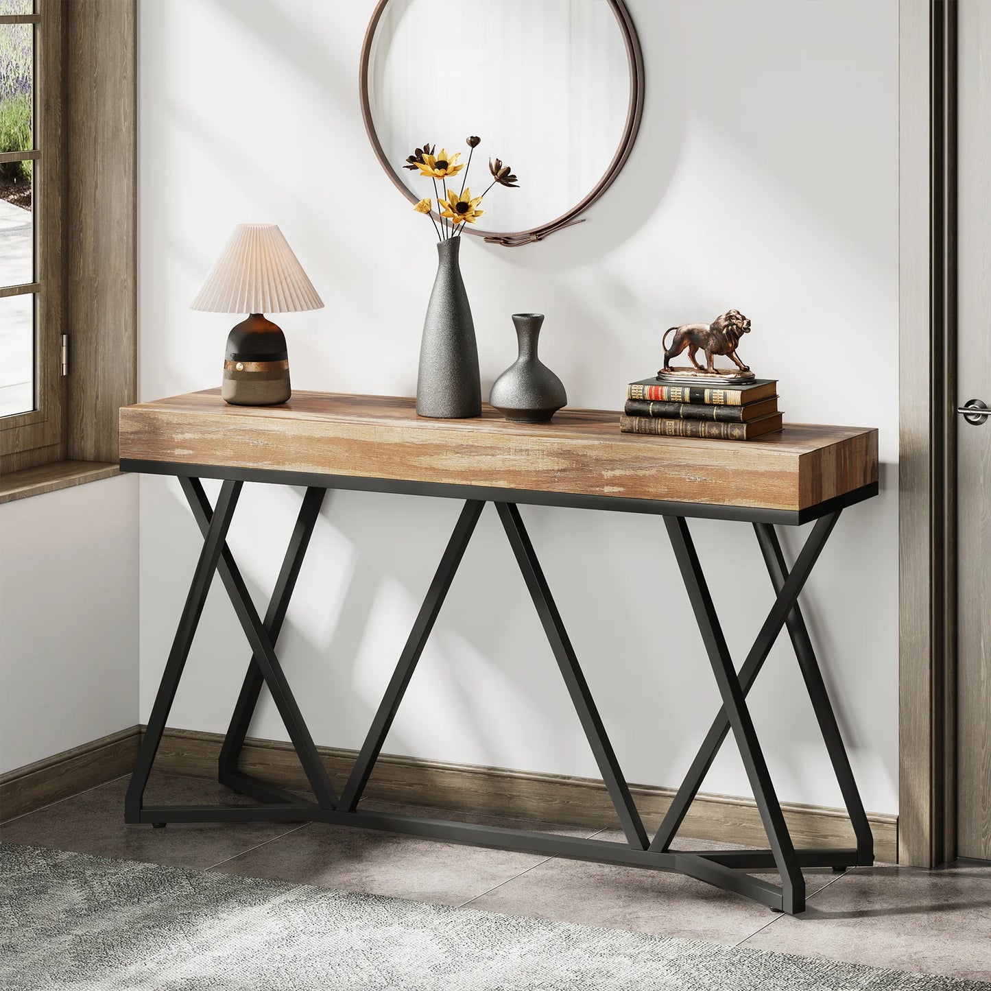 Houten haltafel met uniek metalen onderstel